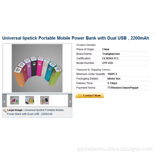 Universal lipstick Portable Mobile Power Bank with Dual USB , 2200mAh